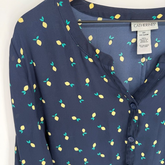 Lemon Navy Ditsy Blouse 2X 22/24 Cottagecore Grandmillennial Feminine Roll Tab - Picture 5 of 9